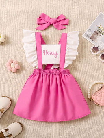 Young Girls' Casual Sleeveless Suspender Dress With Letter Pattern, Color Block & Ruffle Hem Detail