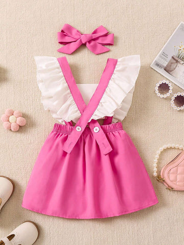 Young Girls' Casual Sleeveless Suspender Dress With Letter Pattern, Color Block & Ruffle Hem Detail