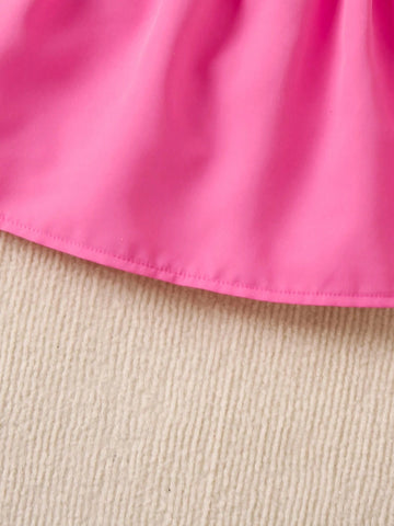 Young Girls' Casual Sleeveless Suspender Dress With Letter Pattern, Color Block & Ruffle Hem Detail