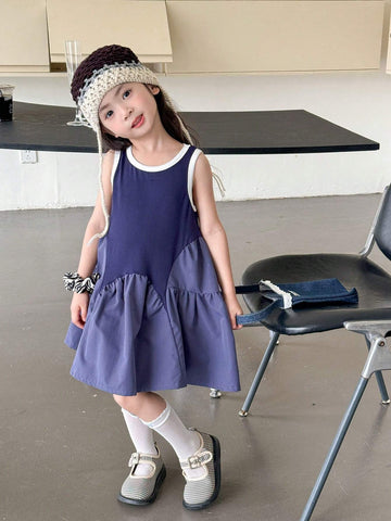 Young Girl's Casual Sleeveless Vest Dress, Fashionable Irregular Patchwork Skirt For Girls