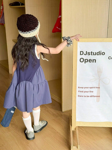 Young Girl's Casual Sleeveless Vest Dress, Fashionable Irregular Patchwork Skirt For Girls