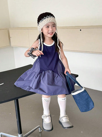 Young Girl's Casual Sleeveless Vest Dress, Fashionable Irregular Patchwork Skirt For Girls
