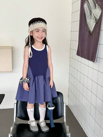 Young Girl's Casual Sleeveless Vest Dress, Fashionable Irregular Patchwork Skirt For Girls