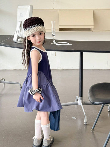 Young Girl's Casual Sleeveless Vest Dress, Fashionable Irregular Patchwork Skirt For Girls