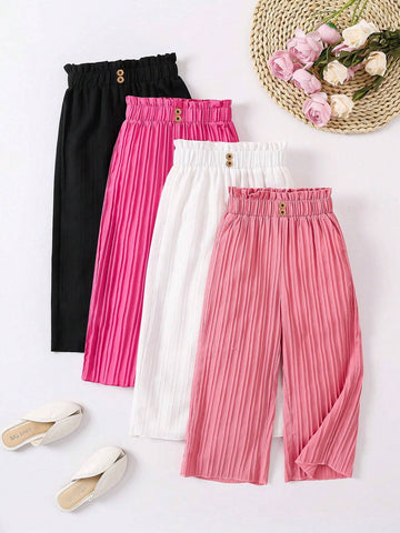 Young Girls' Casual Solid Color Pleated Wide Leg Pants