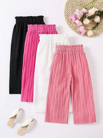 Young Girls' Casual Solid Color Pleated Wide Leg Pants