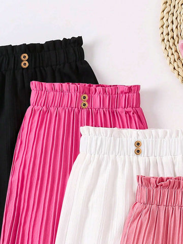 Young Girls' Casual Solid Color Pleated Wide Leg Pants