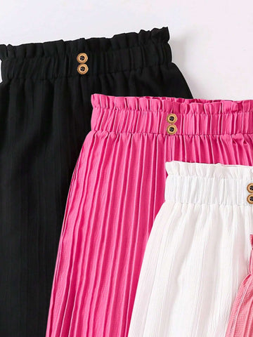 Young Girls' Casual Solid Color Pleated Wide Leg Pants