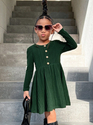 Young Girls Casual Solid Color Round Neck Button Decor Long Sleeve Knit Dress