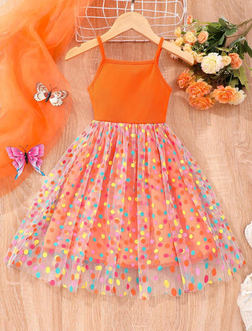Young Girl's Casual Spaghetti Strap Dress With Patchwork Of Pique Fabric And Polka Dot Mesh Fabric