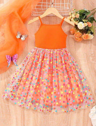 Young Girl's Casual Spaghetti Strap Dress With Patchwork Of Pique Fabric And Polka Dot Mesh Fabric