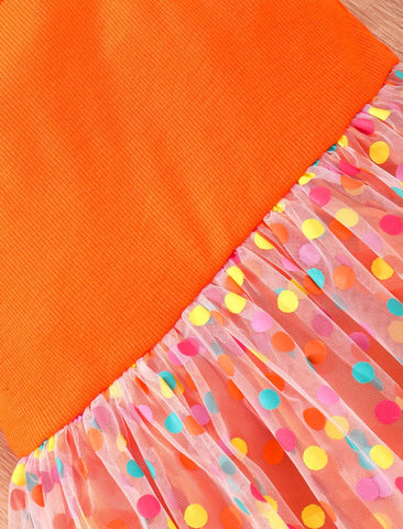 Young Girl's Casual Spaghetti Strap Dress With Patchwork Of Pique Fabric And Polka Dot Mesh Fabric