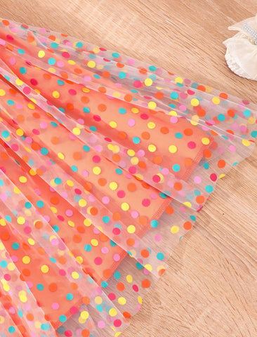 Young Girl's Casual Spaghetti Strap Dress With Patchwork Of Pique Fabric And Polka Dot Mesh Fabric