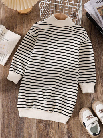 Young Girls Casual Striped Knit Long Sleeve Dress, Autumn/Winter