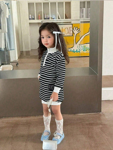 Young Girls Casual Striped Knitted Long Sleeve Dress, Autumn/Winter