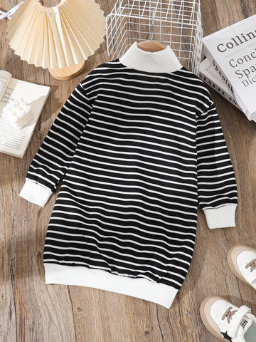 Young Girls Casual Striped Knitted Long Sleeve Dress, Autumn/Winter