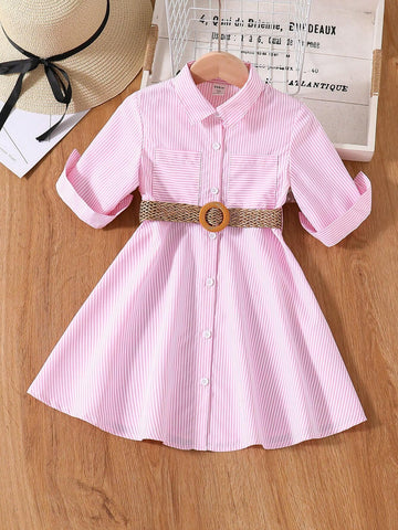 Young Girl's Casual Striped Shirt Dress, Spring/Summer