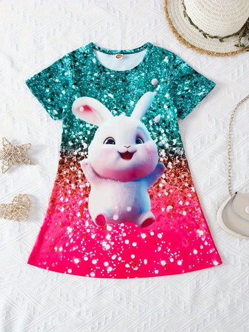 Young Girls' Casual Style 3d Rabbit & Gradient Imitation Shiny Particle Printed Short Sleeve Knitted Dress, Easter Summer Dress