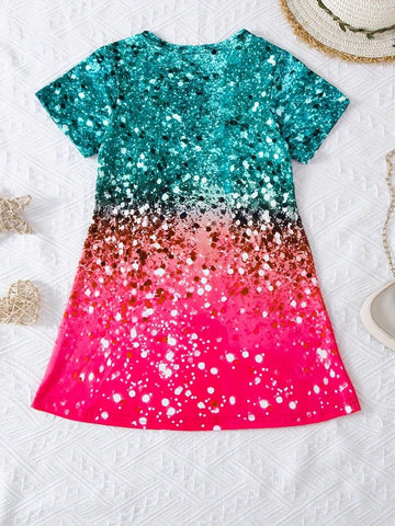 Young Girls' Casual Style 3d Rabbit & Gradient Imitation Shiny Particle Printed Short Sleeve Knitted Dress, Easter Summer Dress