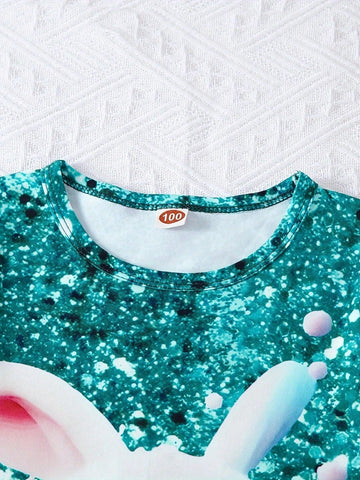 Young Girls' Casual Style 3d Rabbit & Gradient Imitation Shiny Particle Printed Short Sleeve Knitted Dress, Easter Summer Dress