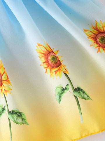 Young Girl's Casual Style Gradient Sunflower Print Weave Strap Dress, Summer