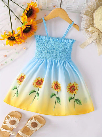 Young Girl's Casual Style Gradient Sunflower Print Weave Strap Dress, Summer