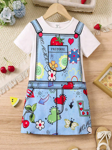 Young Girls' Casual Style Printed Short Sleeve Dress