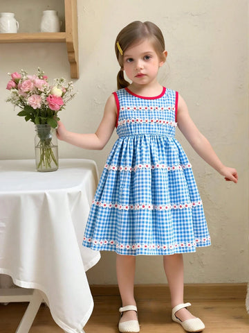 Young Girl's Casual Summer Gingham Dress With Ruffle Trim, Round Neck, Sleeveless