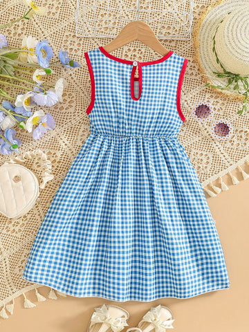Young Girl's Casual Summer Gingham Dress With Ruffle Trim, Round Neck, Sleeveless