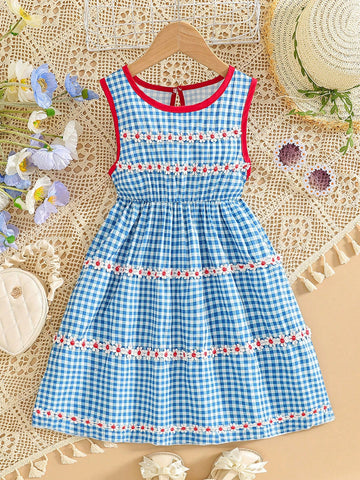 Young Girl's Casual Summer Gingham Dress With Ruffle Trim, Round Neck, Sleeveless