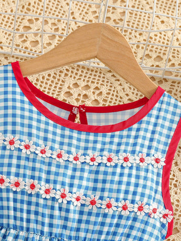 Young Girl's Casual Summer Gingham Dress With Ruffle Trim, Round Neck, Sleeveless