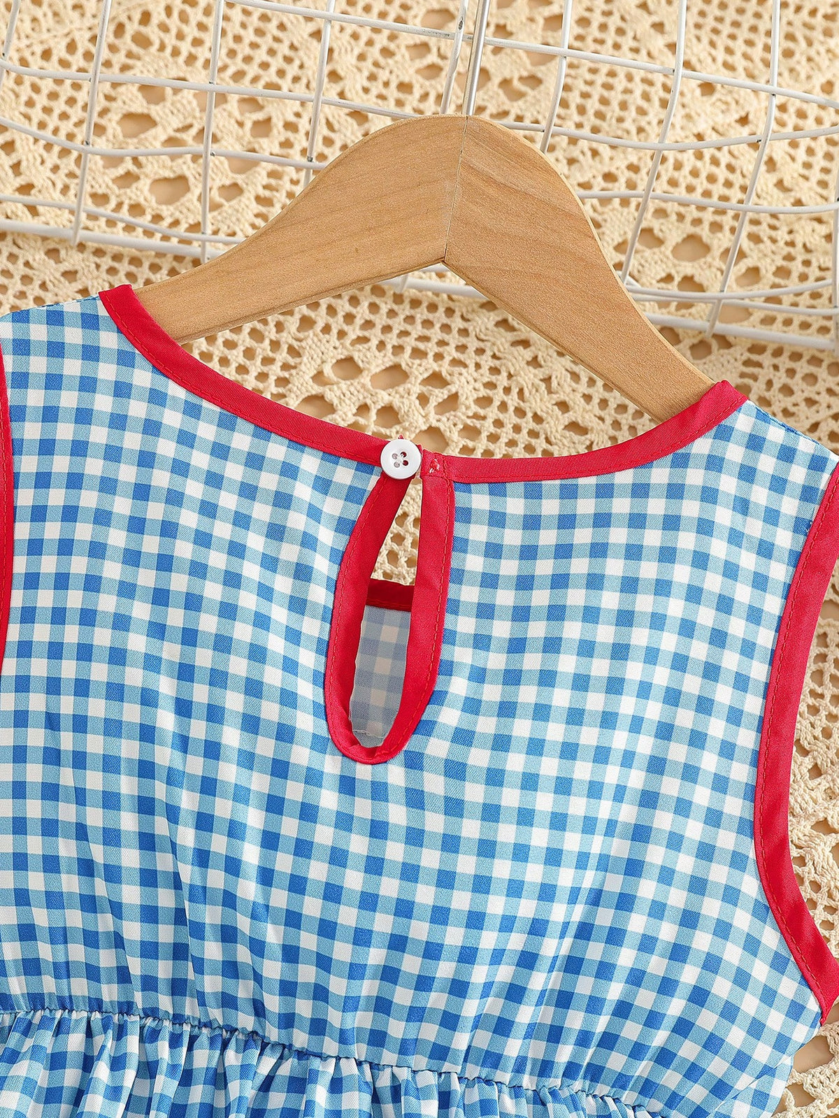 Young Girl's Casual Summer Gingham Dress With Ruffle Trim, Round Neck, Sleeveless