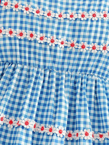 Young Girl's Casual Summer Gingham Dress With Ruffle Trim, Round Neck, Sleeveless