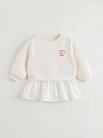 Young Girls Casual Sweet Floral Print Patchwork Hem Crew Neck Long Sleeve Sweatshirt Dress, Autumn