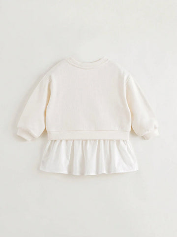 Young Girls Casual Sweet Floral Print Patchwork Hem Crew Neck Long Sleeve Sweatshirt Dress, Autumn