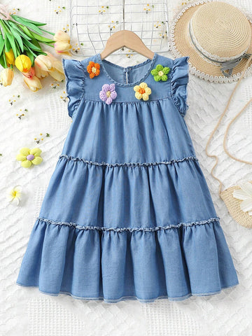Young Girls' Casual Vacation Style Cute 3d Colorful Flower Patchwork, Short Sleeve, Loose Fit, A Line Denim Dress
