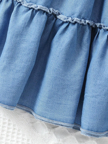 Young Girls' Casual Vacation Style Cute 3d Colorful Flower Patchwork, Short Sleeve, Loose Fit, A Line Denim Dress