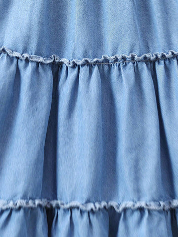 Young Girls' Casual Vacation Style Cute 3d Colorful Flower Patchwork, Short Sleeve, Loose Fit, A Line Denim Dress