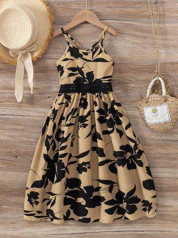 Young Girl's Casual Vacation Tropical Print Contrast Lace Strap Dress