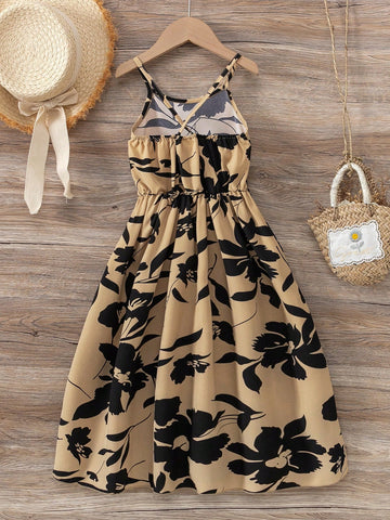 Young Girl's Casual Vacation Tropical Print Contrast Lace Strap Dress
