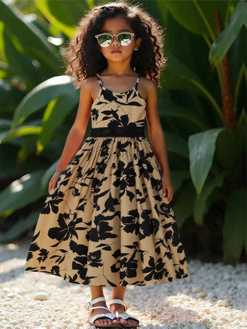 Young Girl's Casual Vacation Tropical Print Contrast Lace Strap Dress