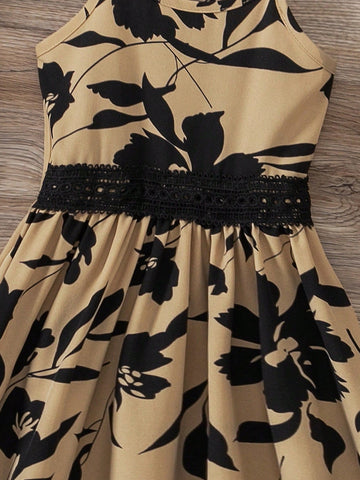 Young Girl's Casual Vacation Tropical Print Contrast Lace Strap Dress