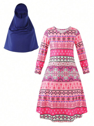 Young Girls' Casual Vintage Printed Long Sleeve Dress With Headband 2pcs/Set