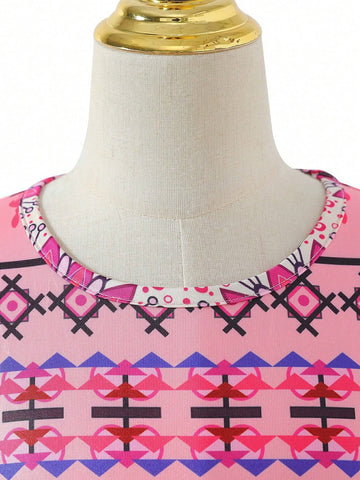 Young Girls' Casual Vintage Printed Long Sleeve Dress With Headband 2pcs/Set