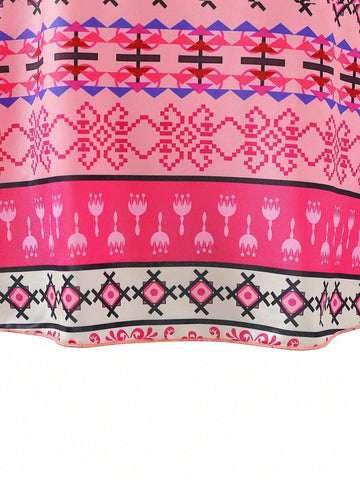 Young Girls' Casual Vintage Printed Long Sleeve Dress With Headband 2pcs/Set