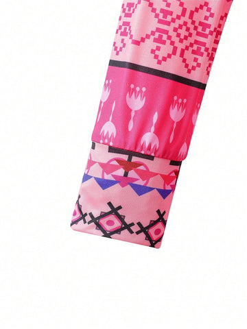 Young Girls' Casual Vintage Printed Long Sleeve Dress With Headband 2pcs/Set