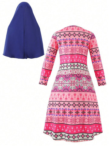 Young Girls' Casual Vintage Printed Long Sleeve Dress With Headband 2pcs/Set