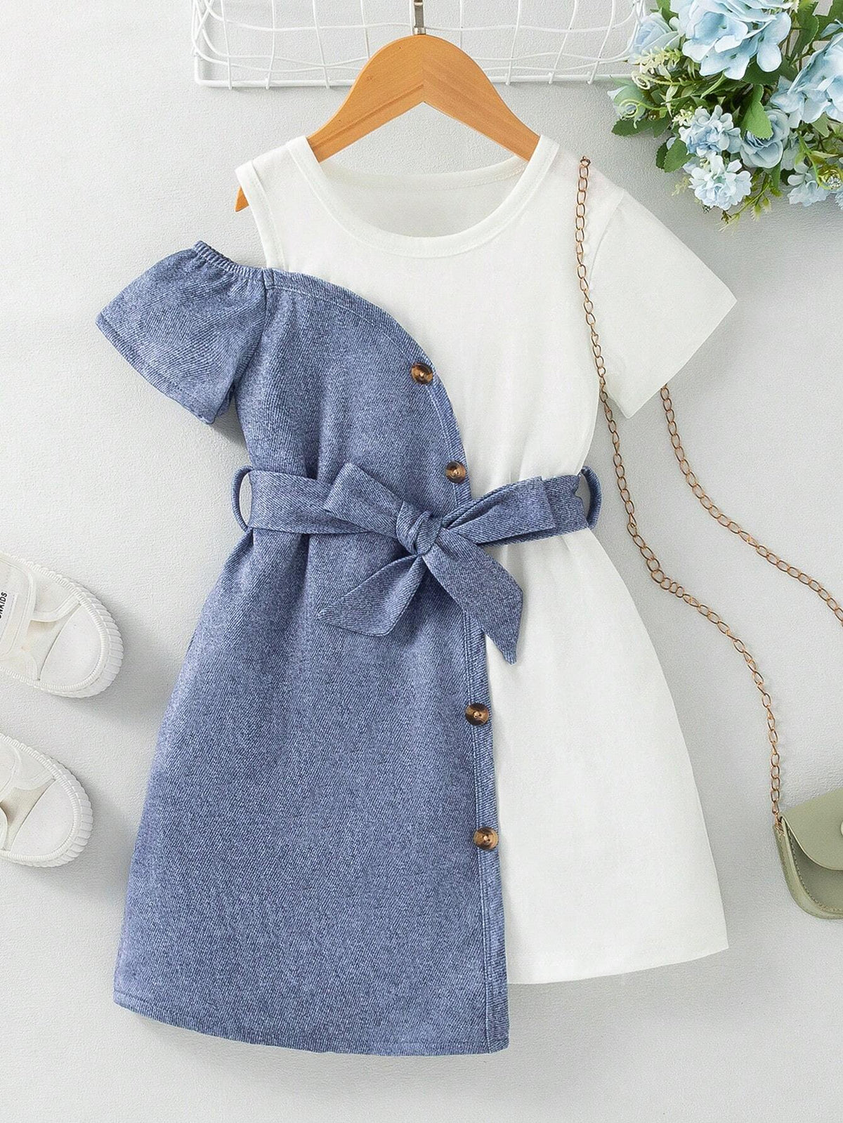 Young Girls" Casual Wear-To-Work Asymmetrical Denim Patchwork Dress
