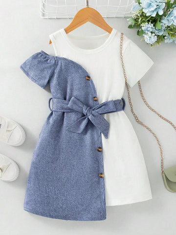 Young Girls" Casual Wear-To-Work Asymmetrical Denim Patchwork Dress