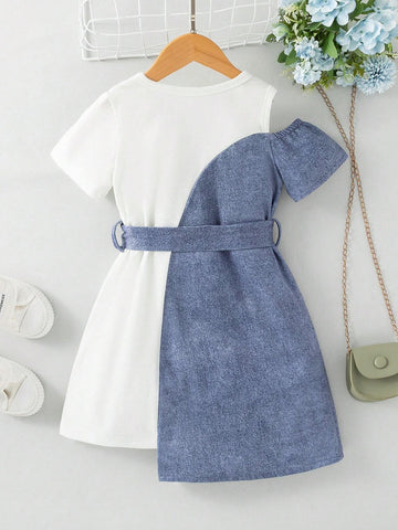 Young Girls" Casual Wear-To-Work Asymmetrical Denim Patchwork Dress